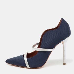 malone souliers navy blue/silver moire canvas and leather maureen pumps size 38
