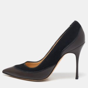 manolo blahnik brown/black leather and suede pointed toe pumps size 38.5