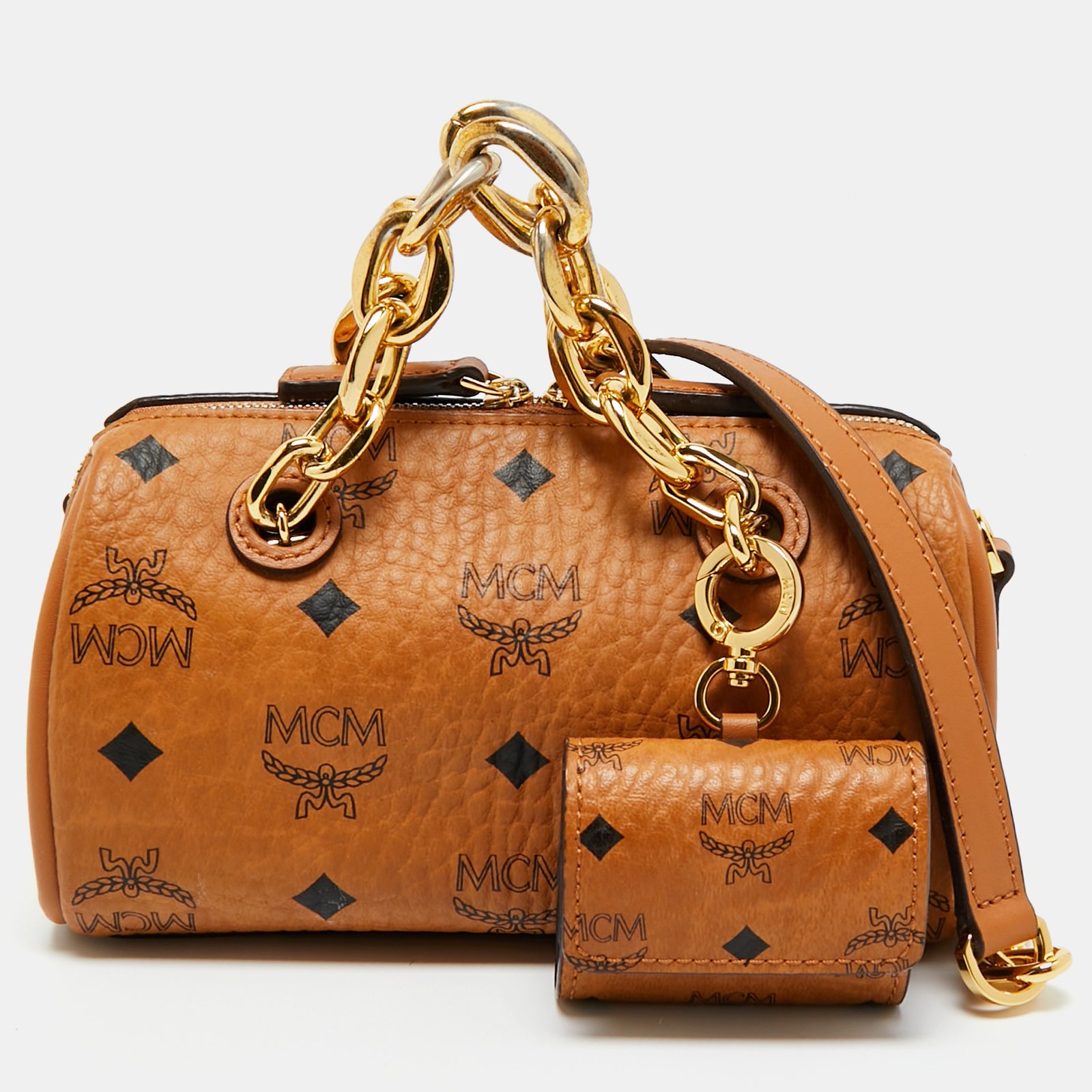 mcm cognac visetos coated canvas mini essential boston bag