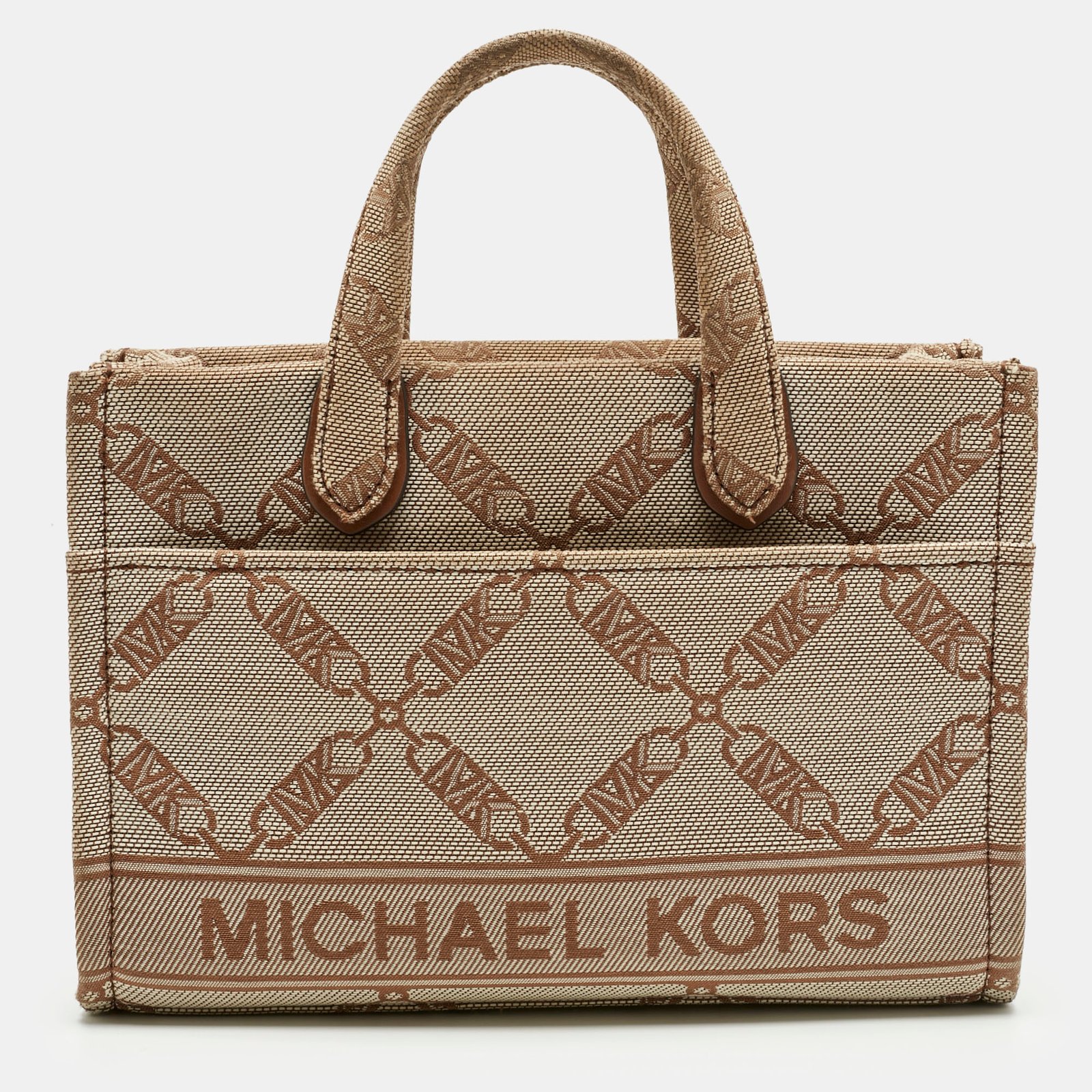 michael kors beige empire logo jacquard canvas small gigi tote