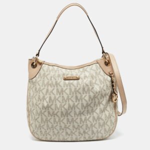 michael michael kors beige/white signature coated canvas bedford large shoulder bag