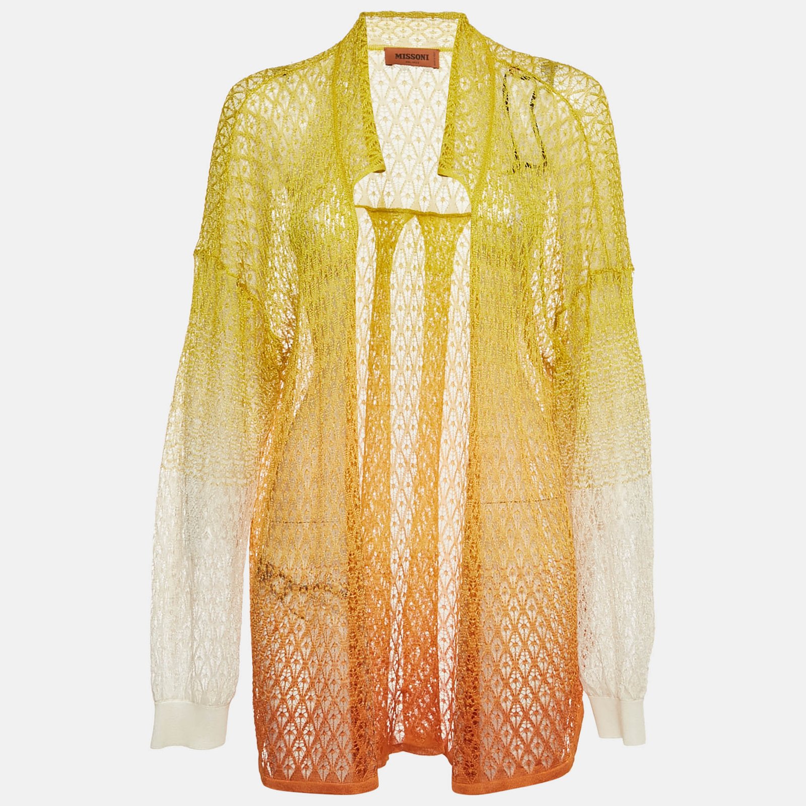 missoni yellow/orange ombre crochet knit sheer cardigan m