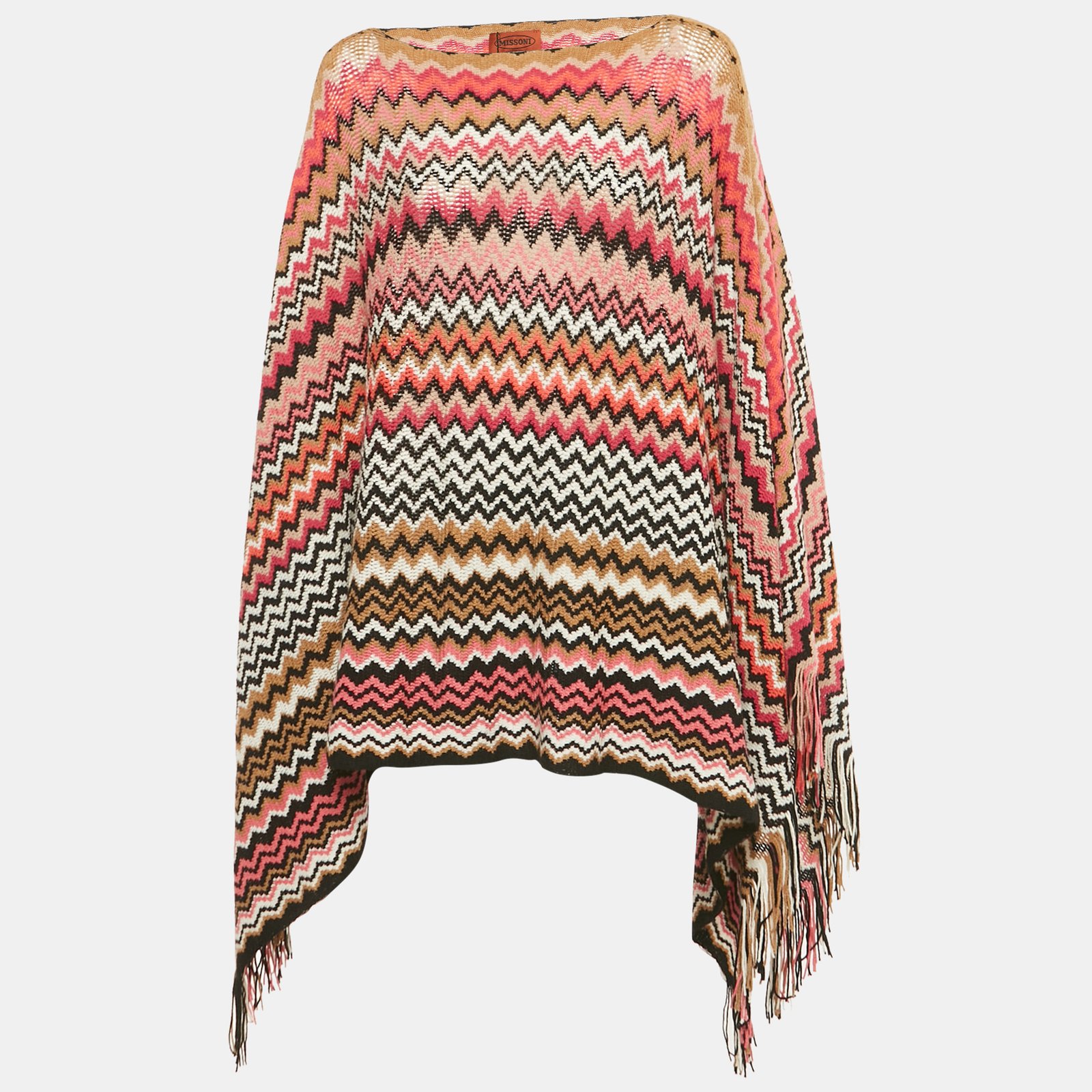 missoni multicolor zig-zag wool fringed poncho one size