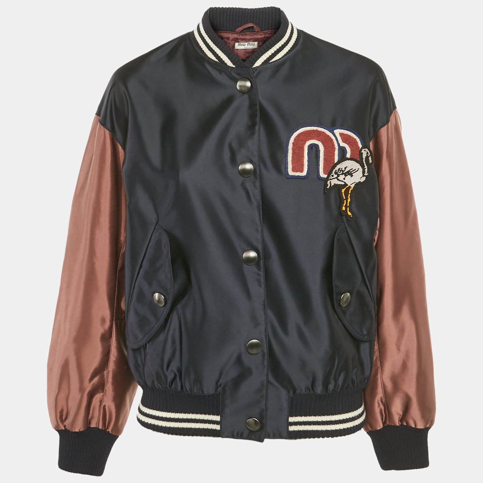 luxury-women-miu-miu-used-clothes-p1208842-002.jpg miu miu navy blue nylon applique detail button front varsity jacket s