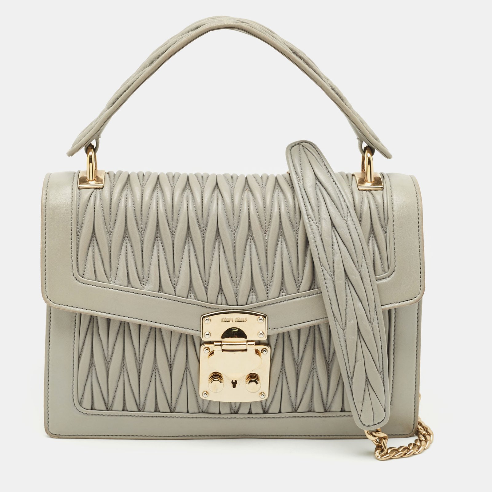 miu miu grey matelass&eacute; leather confidential top handle bag