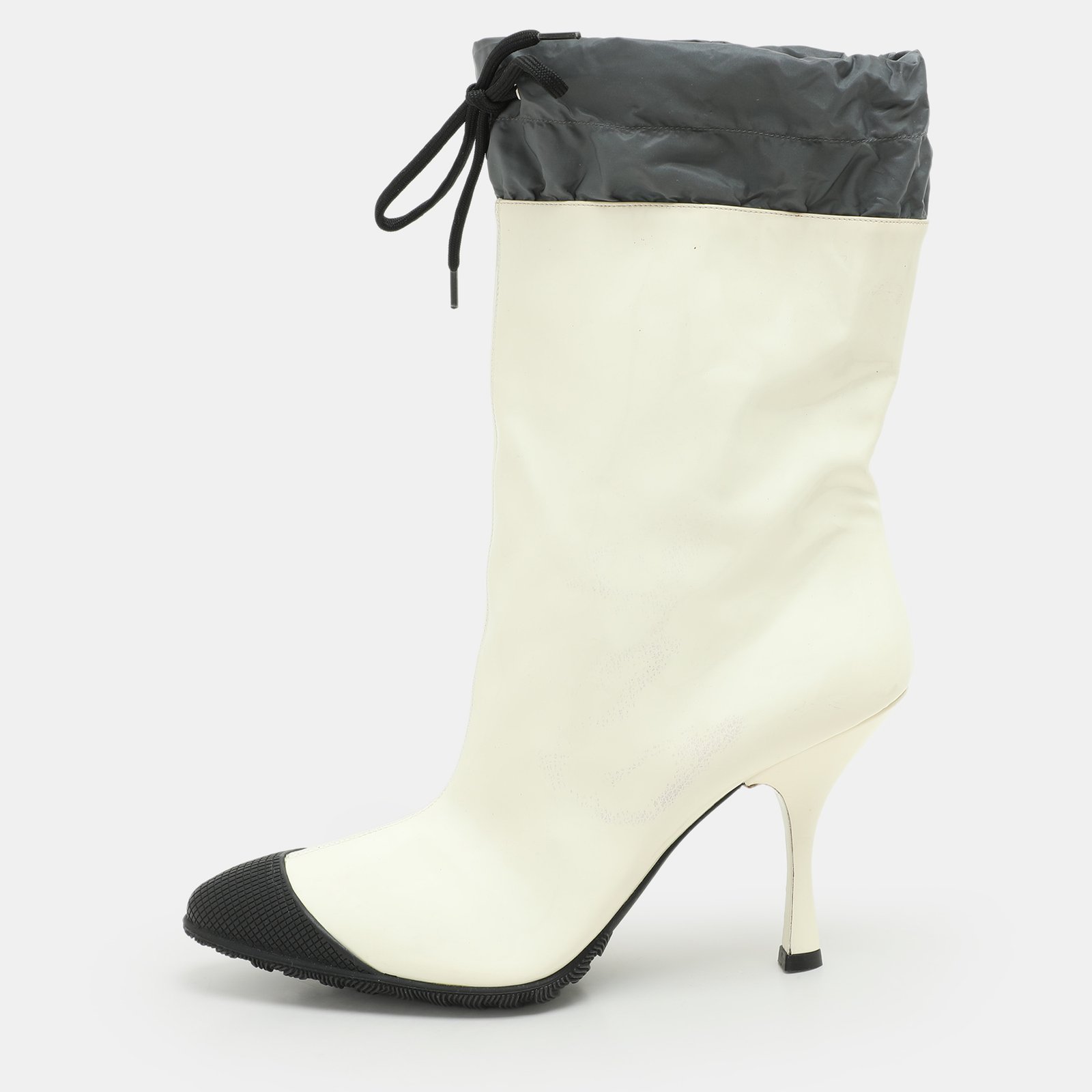 miu miu cream/grey patent leather and nylon ankle length boots size 41
