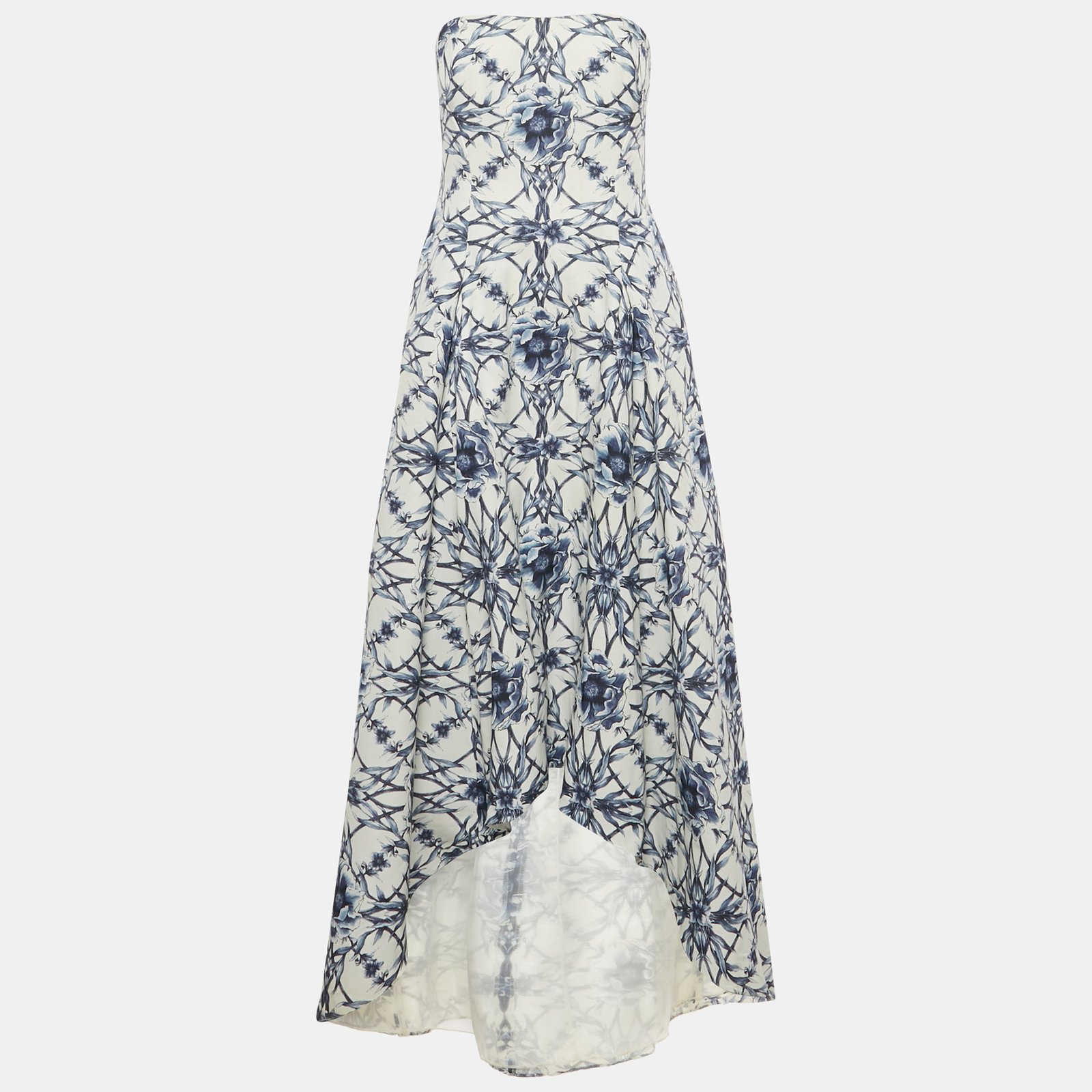 notte by marchesa white floral print cotton blend strapless high -low gown m