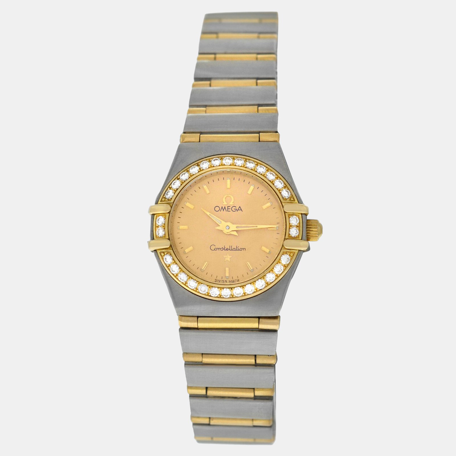 omega constellation 1367.10.00 quartz champagne 18k yellow gold stainless steel diamond women's wristwatch 22 mm
