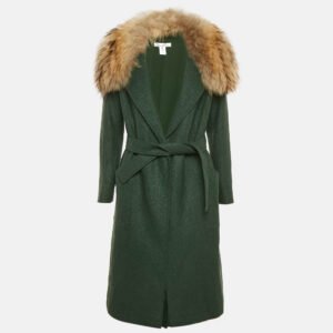 oscar de la renta green wool blend belted detachable fur coat m