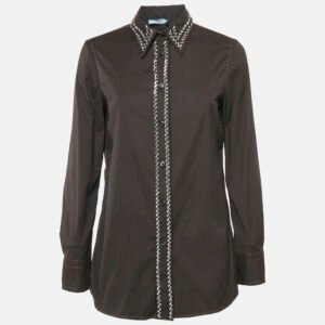 prada cacao brown embellished poplin button front shirt m