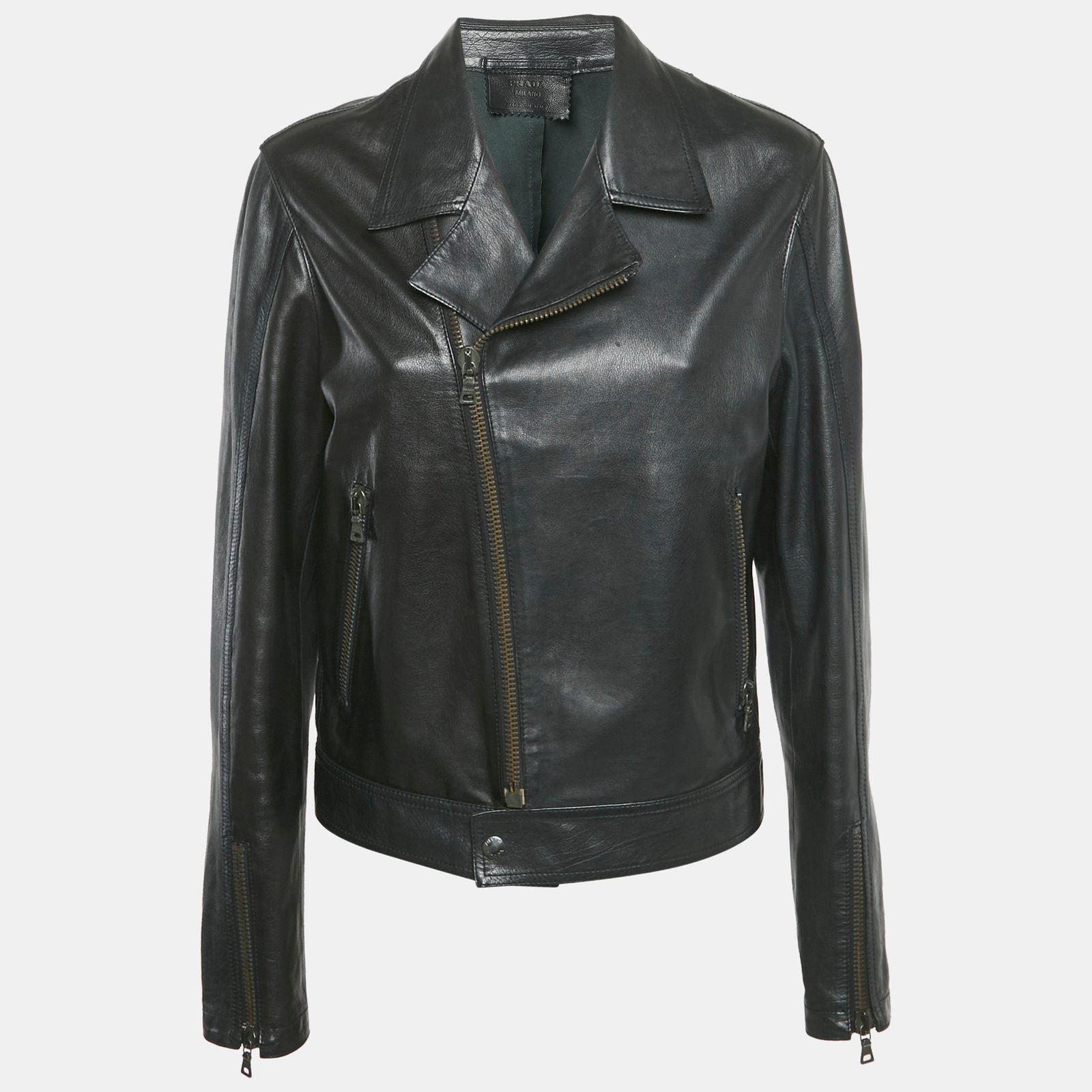 prada black leather zip-up jacket m