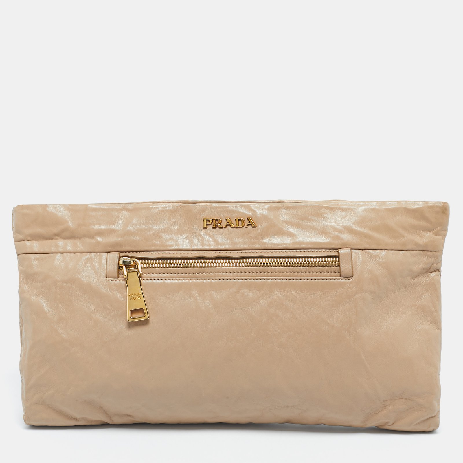 prada beige leather top zip clutch
