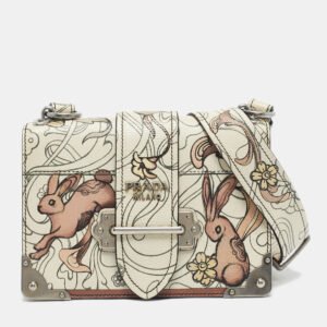 prada x james jean off white glace calf rabbit print leather cahier shoulder bag