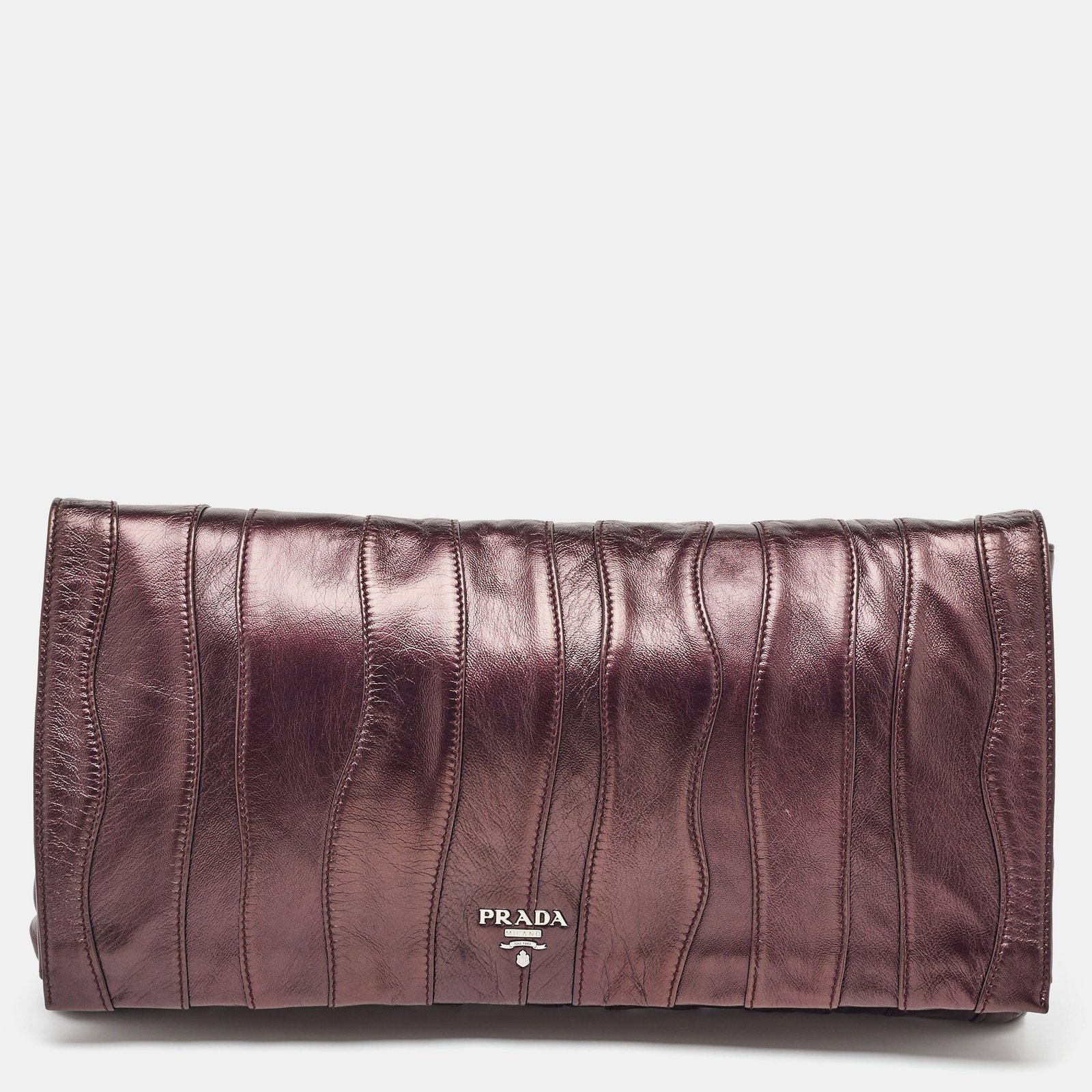 prada metallic leather stitch detail logo flap clutch
