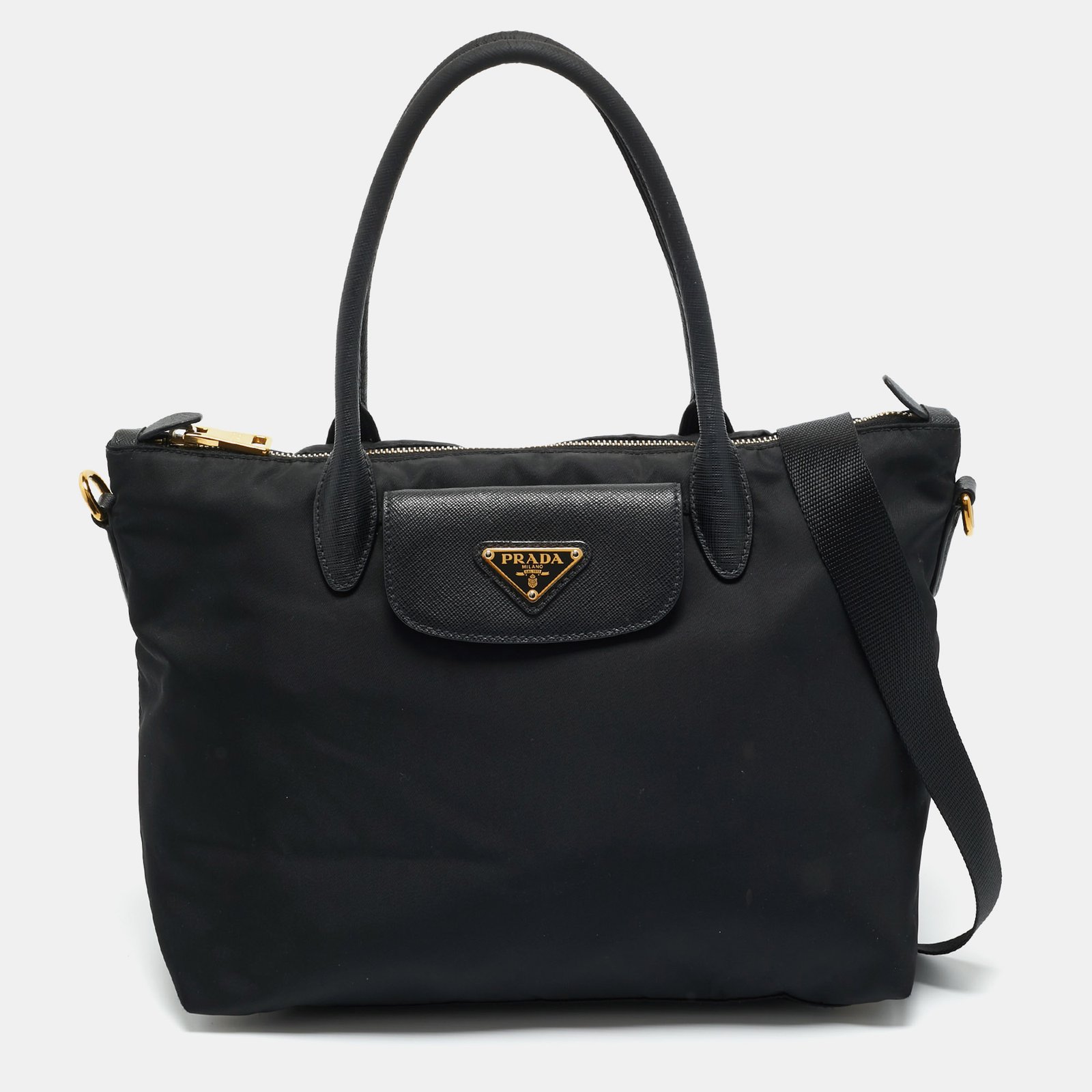 prada black saffiano leather and nylon front pocket tote