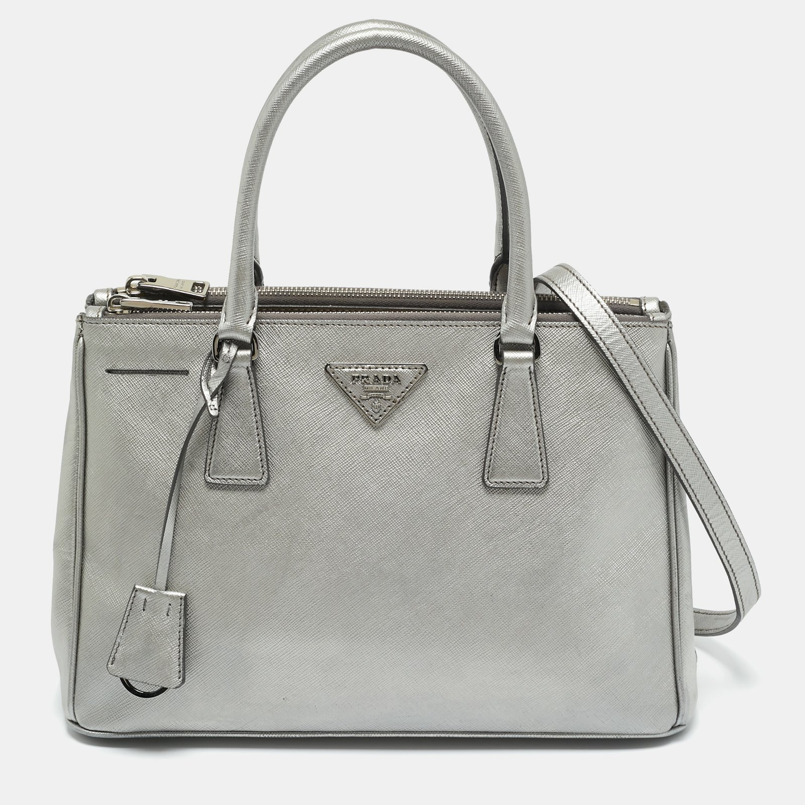 prada metallic grey saffiano lux leather small galleria double zip tote