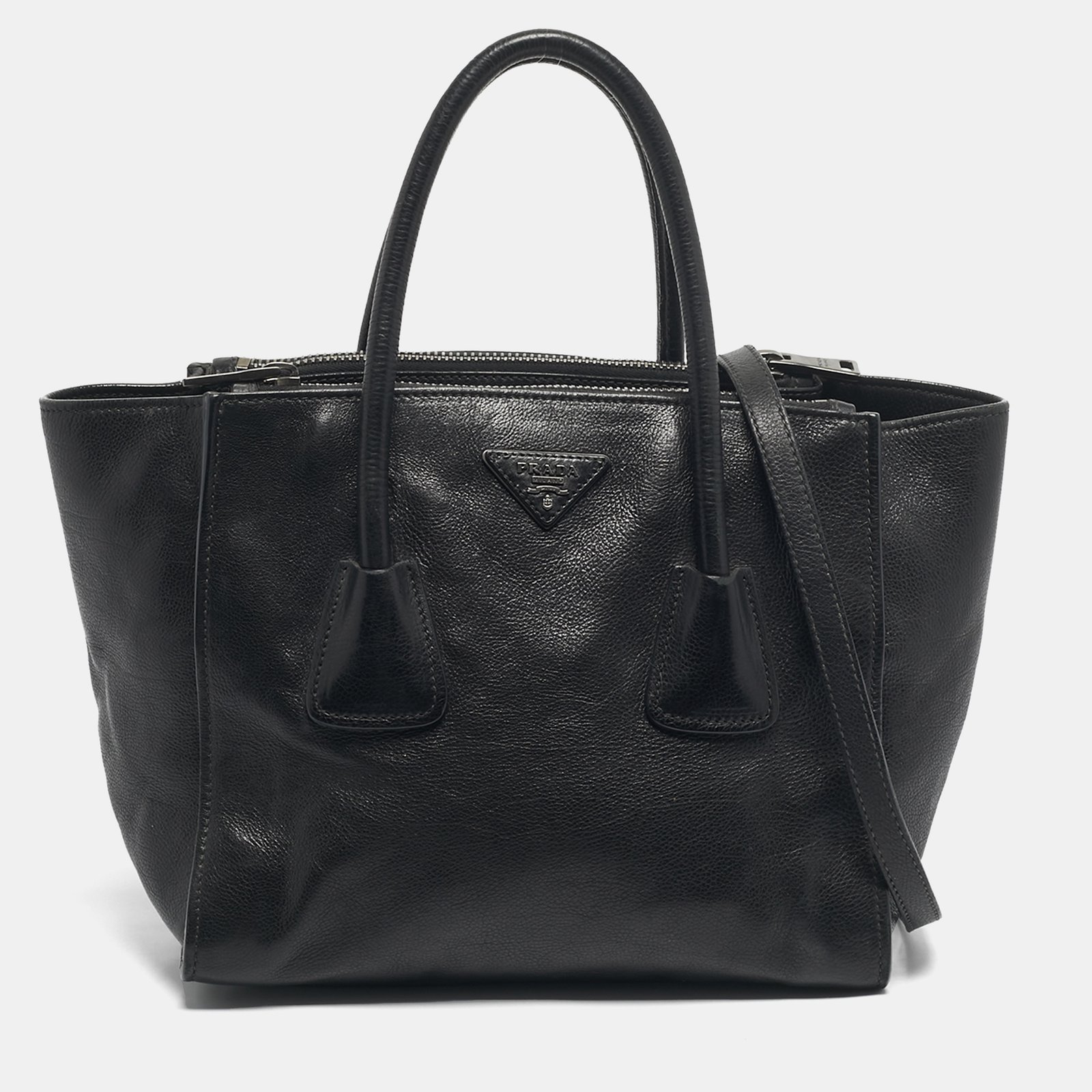 prada black leather twin pocket double handle tote