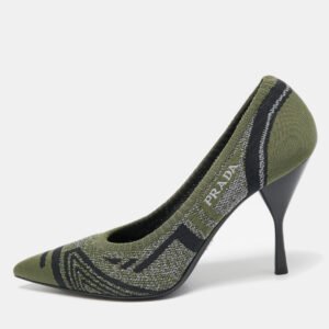 prada green printed knit fabric pointed toe pumps size 40.5