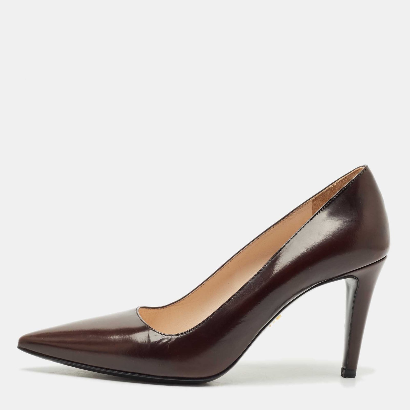 prada dark brown saffiano leather pointed toe pumps size 37.5
