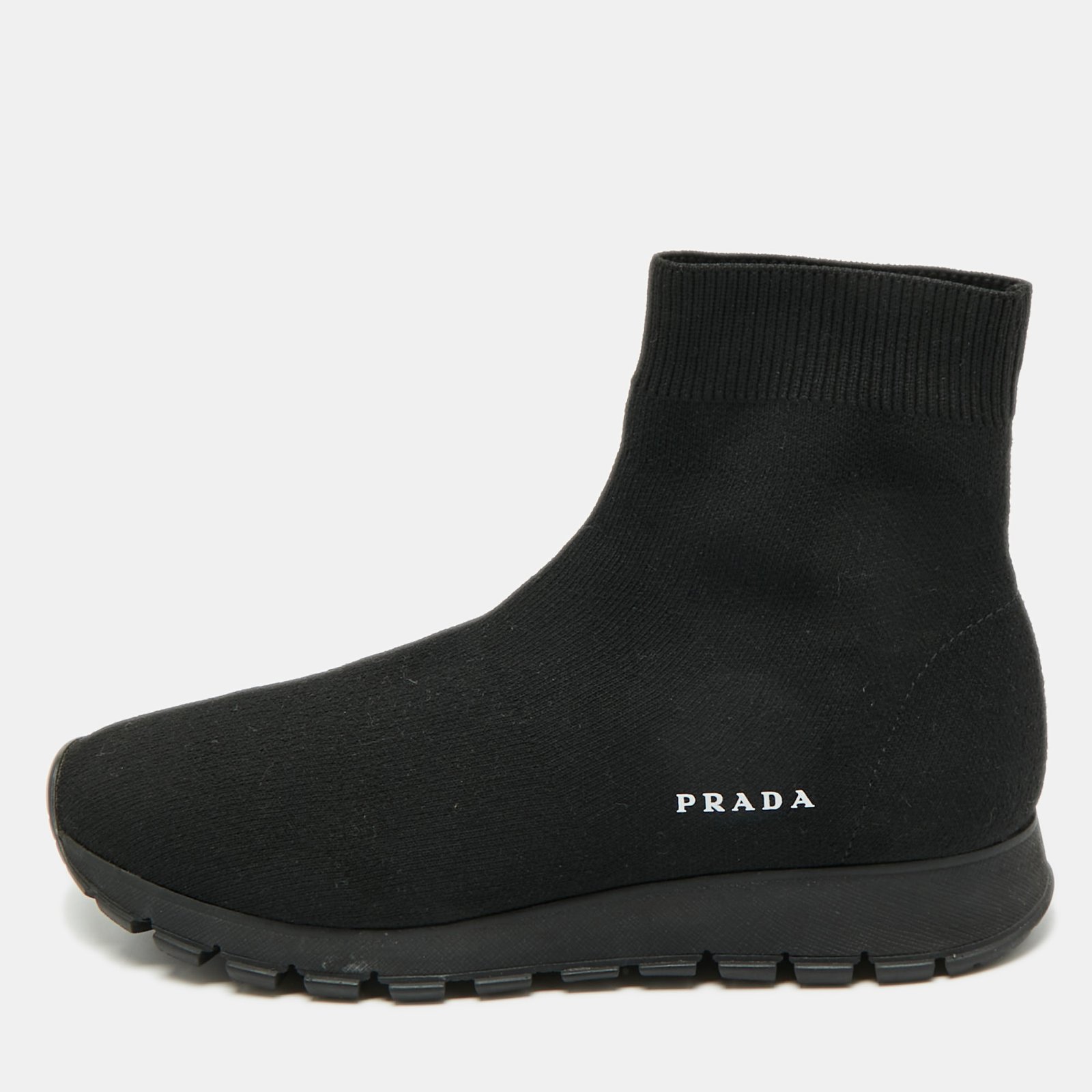 prada black knit fabric sock runner high top sneakers size 35.5