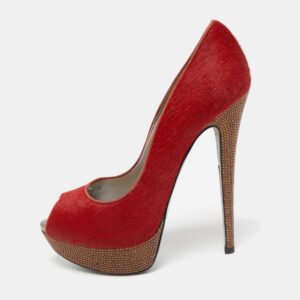 ren&eacute; caovilla red calf hair crystal embellished platform peep toe pumps size 38