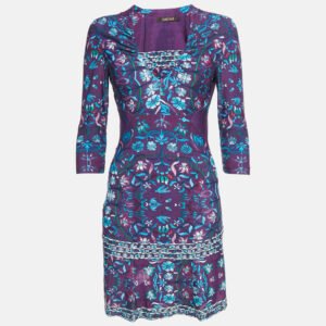 roberto cavalli purple floral print jersey v-neck mini dress m