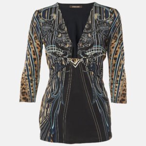 roberto cavalli black printed jersey plunge neck top m
