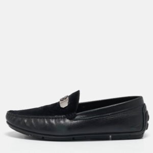 roberto cavalli black leather and velvet slip on loafers size 41.5