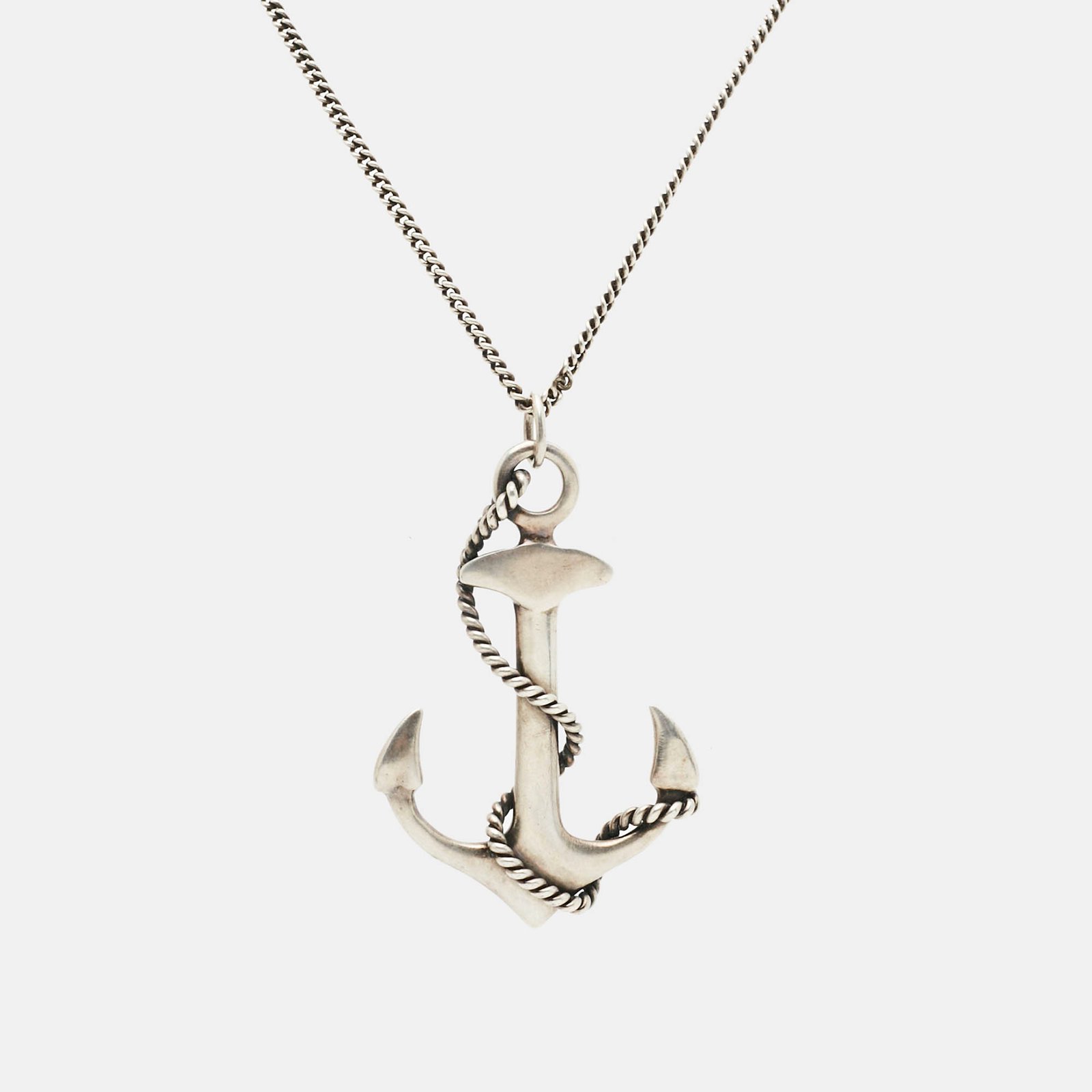 saint laurent paris anchor silver tone pendant necklace