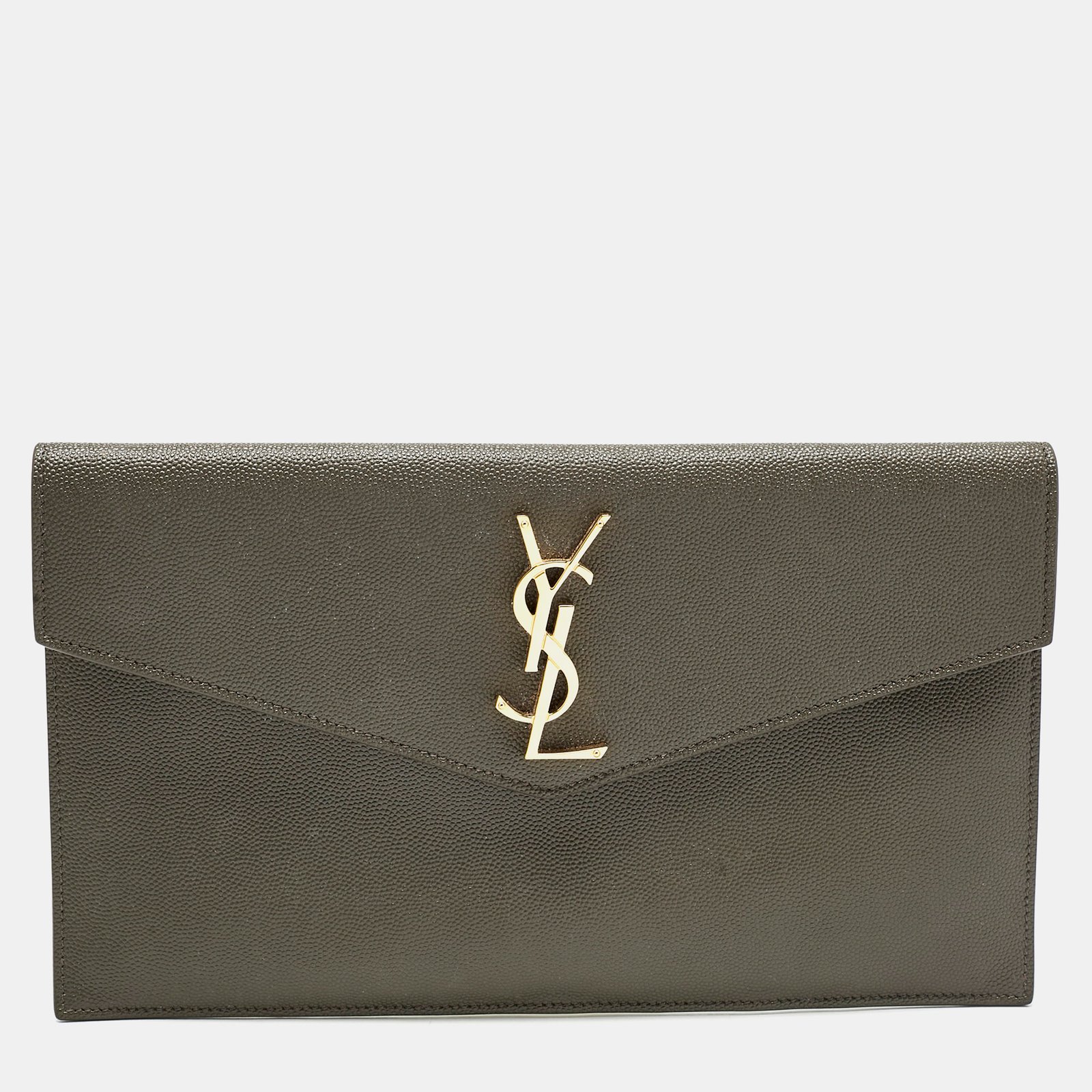 saint laurent olive green leather uptown clutch