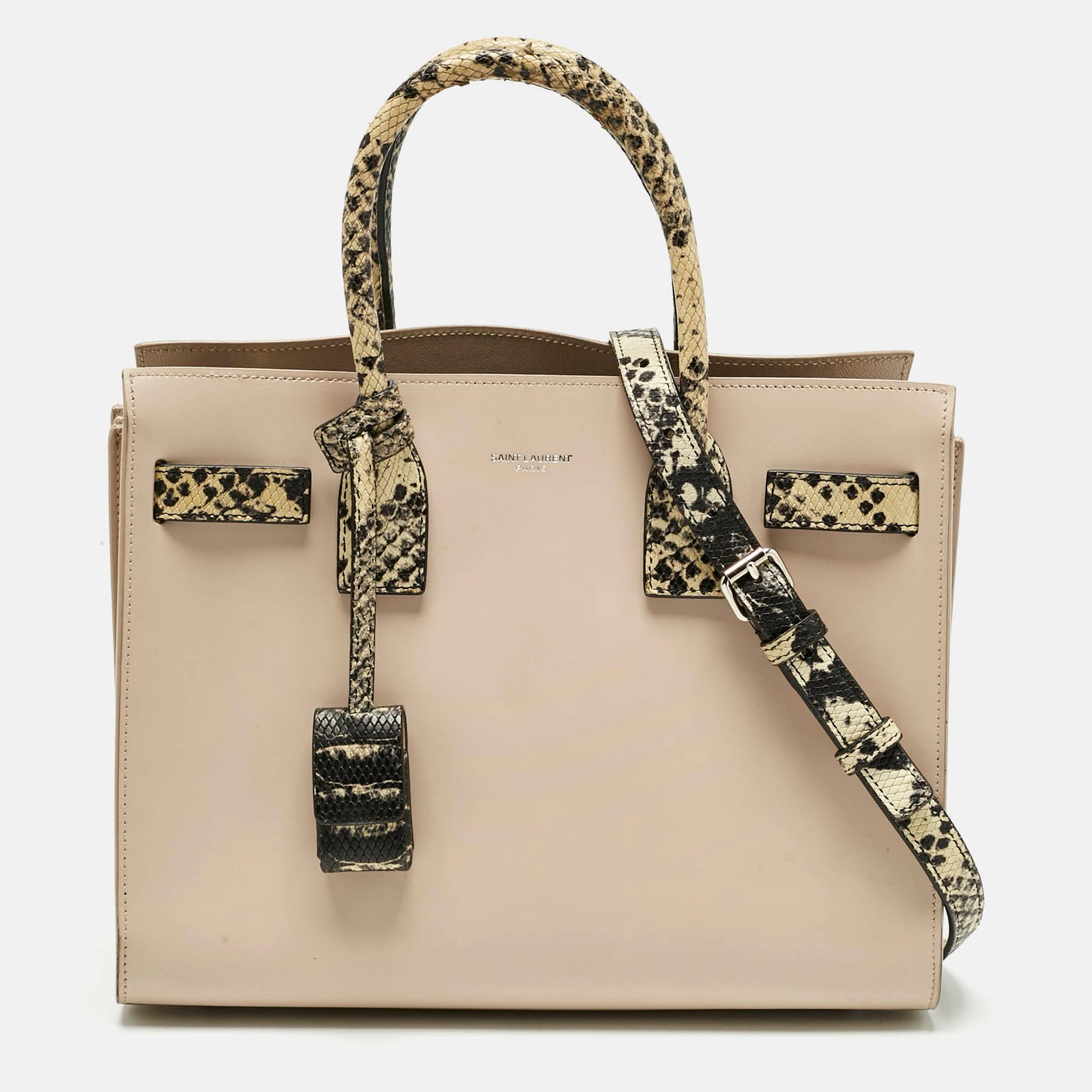 saint laurent beige/black leather and snakeskin embossed baby classic sac de jour tote