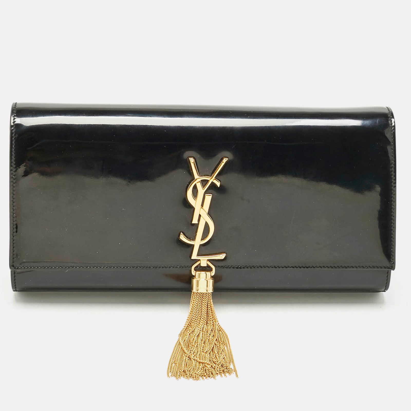 saint laurent black patent leather monogram kate tassel clutch