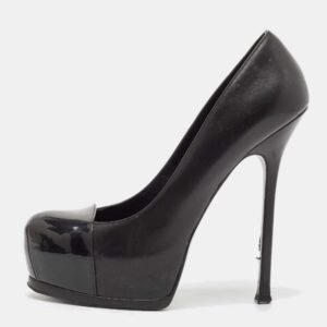 saint laurent black leather and patent leather tribtoo platform pumps size 40