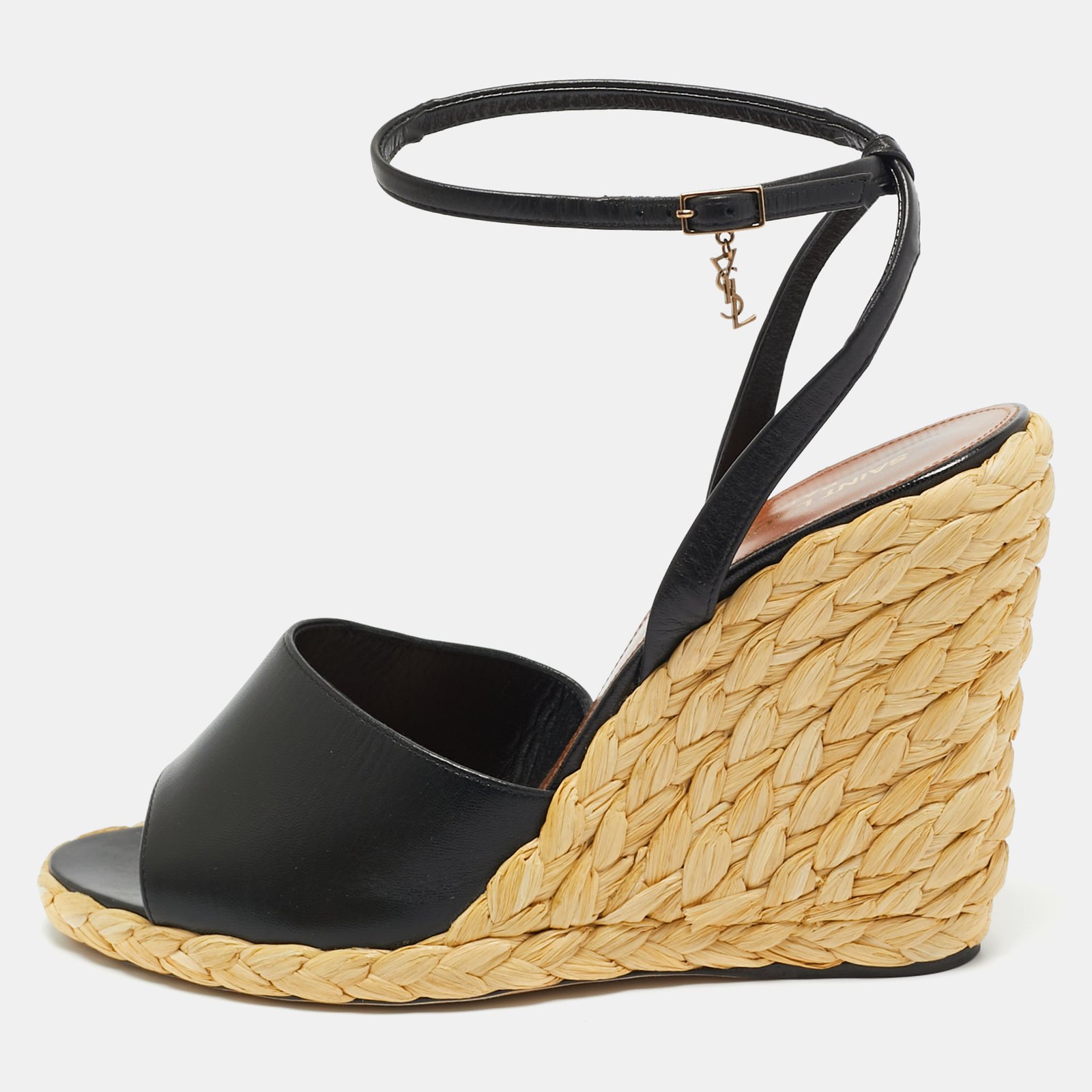 saint laurent black leather wedge espadrille sandals size 40.5