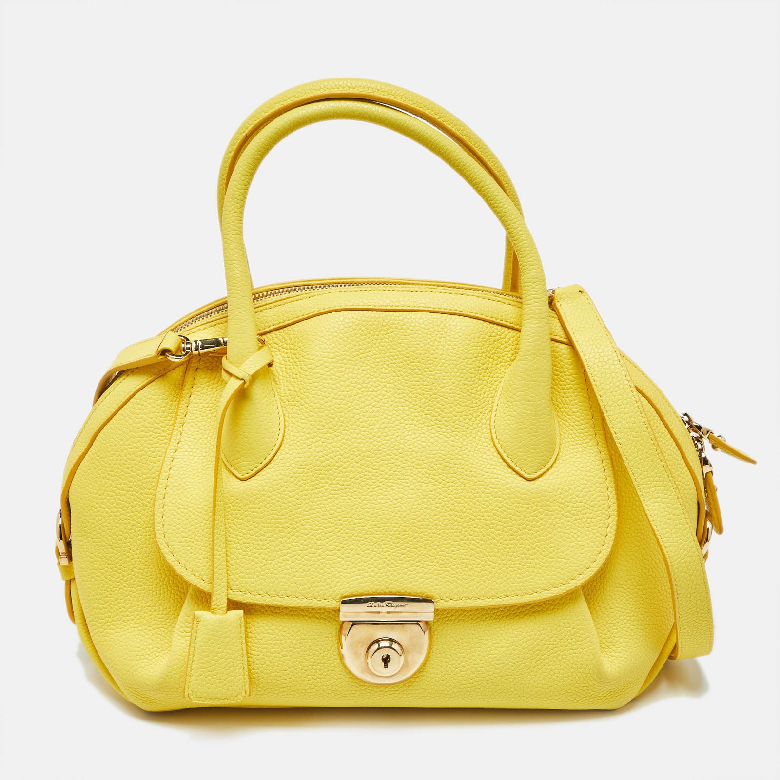 salvatore ferragamo yellow leather medium fiamma satchel