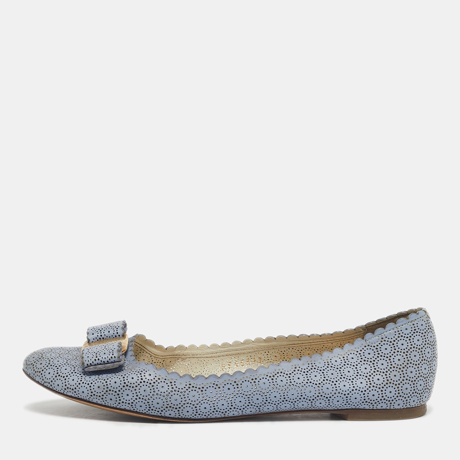 salvatore ferragamo light blue laser cut leather varina ballet flats size 37.5