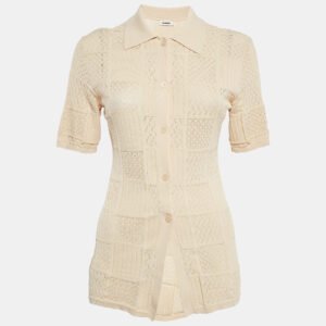 sandro beige pointelle knit button front short sleeve shirt xs