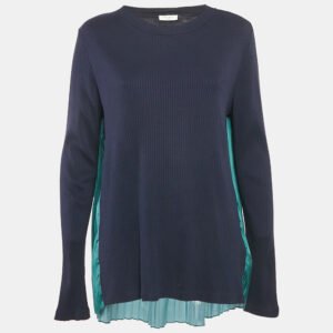 sandro navy blue/green jersey and paisley print plisse full sleeve top l