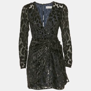 self-portrait black metallic leopard flocked chiffon mini dress s