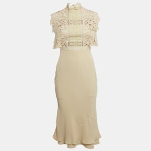 self-portrait beige lace trim crepe midi dress s