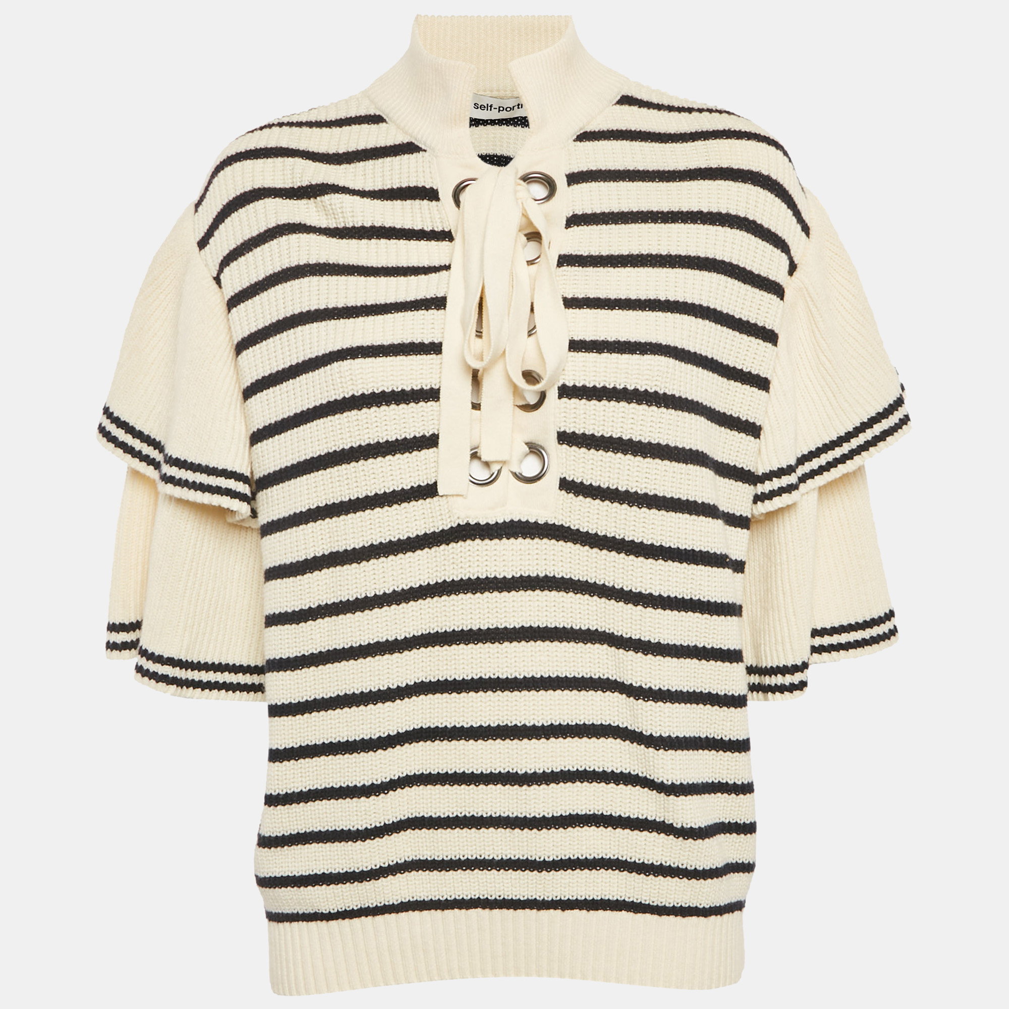 self-portrait cream/black striped rib knit lace-up neck sweater l
