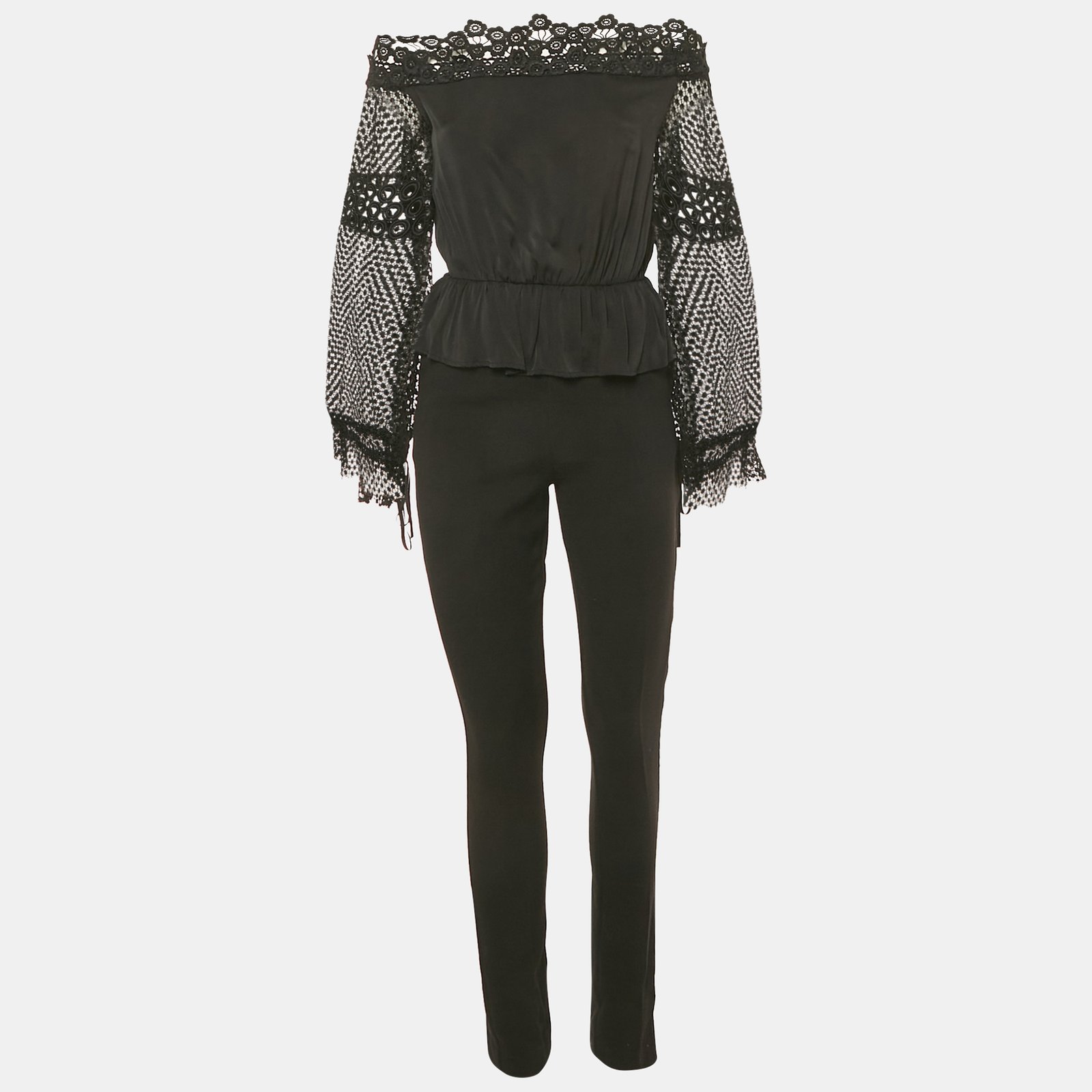 self-portrait black lace trim crepe jumpsuit s