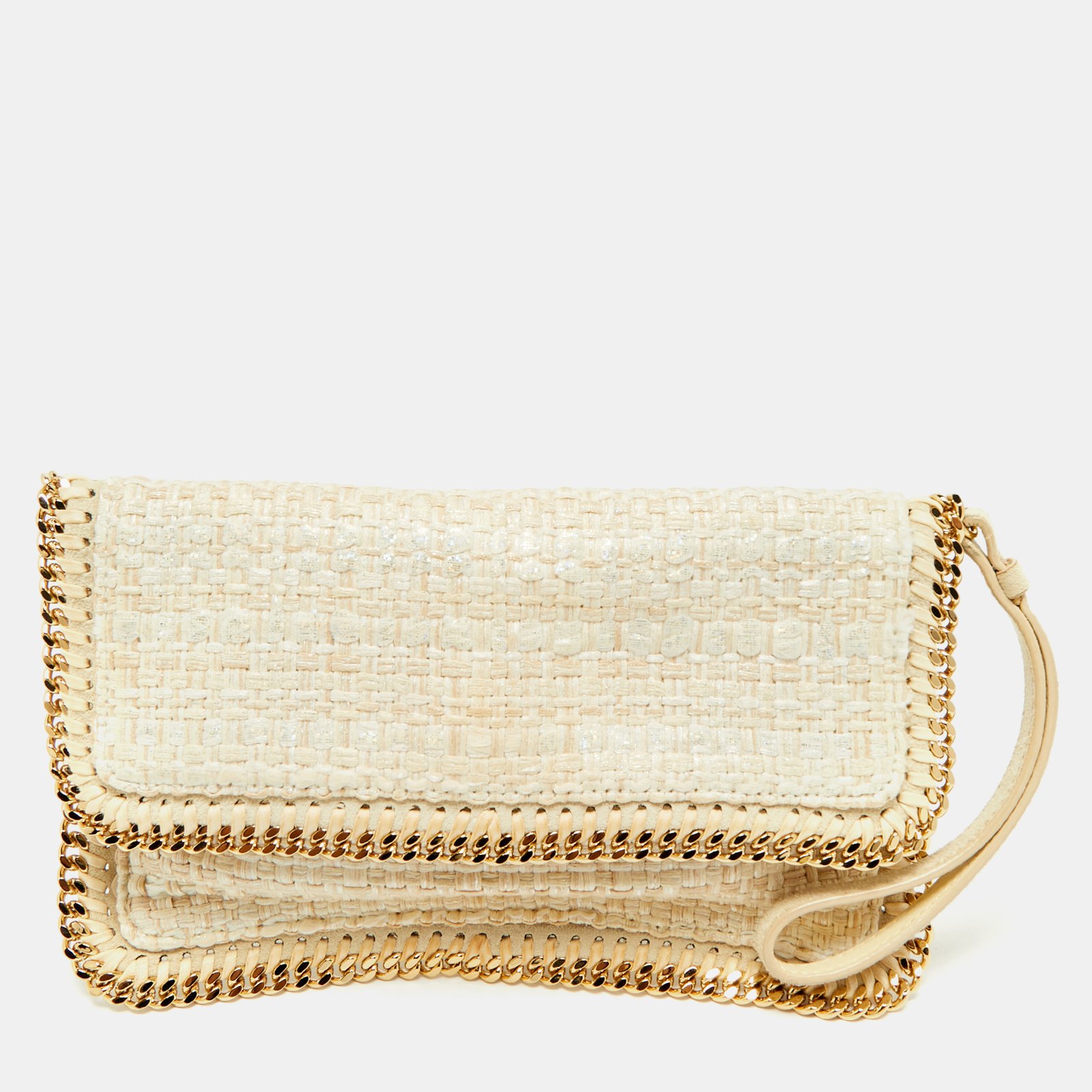 stella mccartney ivory woven glitter fabric falabella wristlet clutch