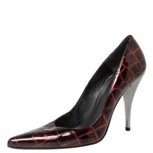 stuart weitzman burgundy croc embossed patent leather pointed toe pumps size 40