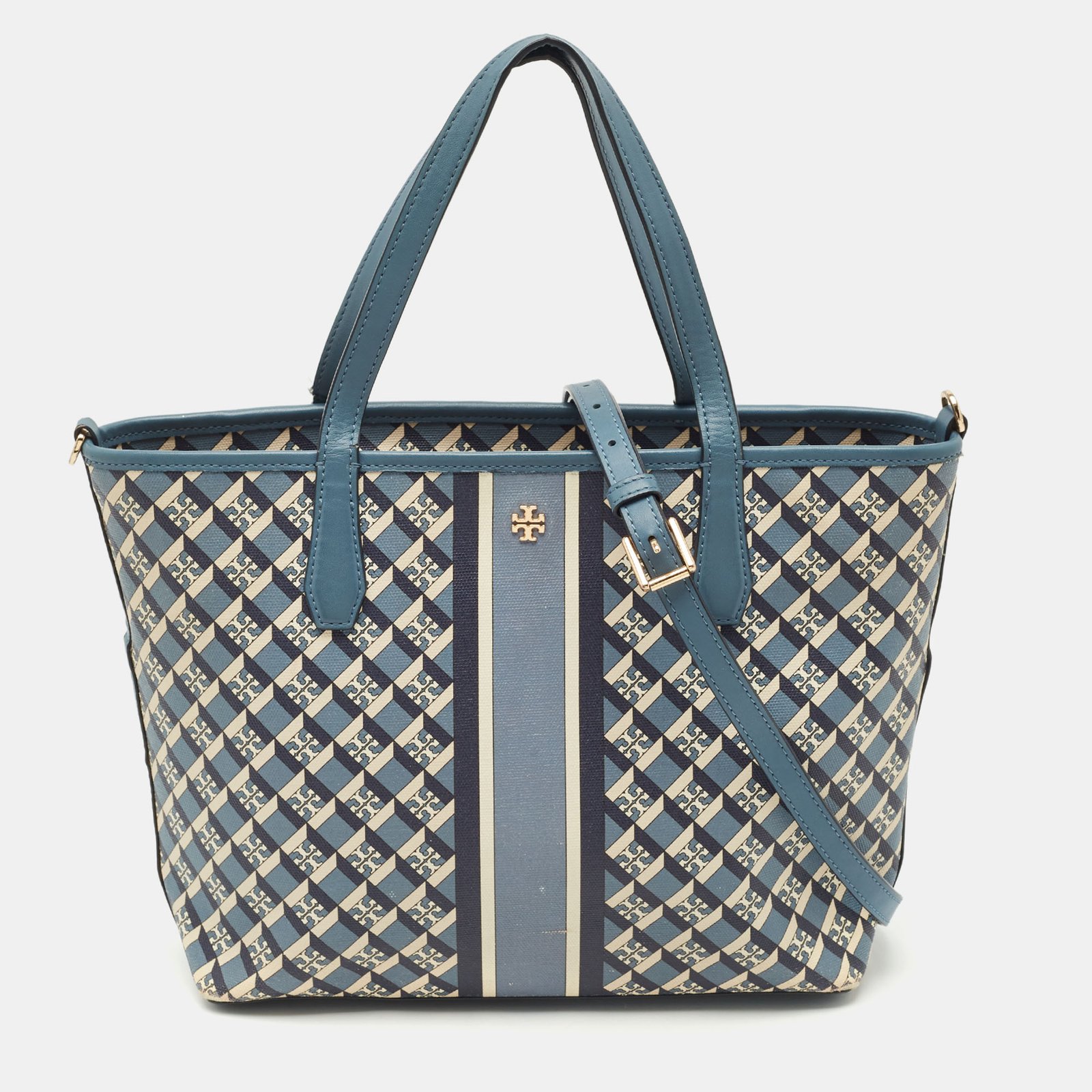 tory burch blue/white coated canvas and leather geo logo allover tote