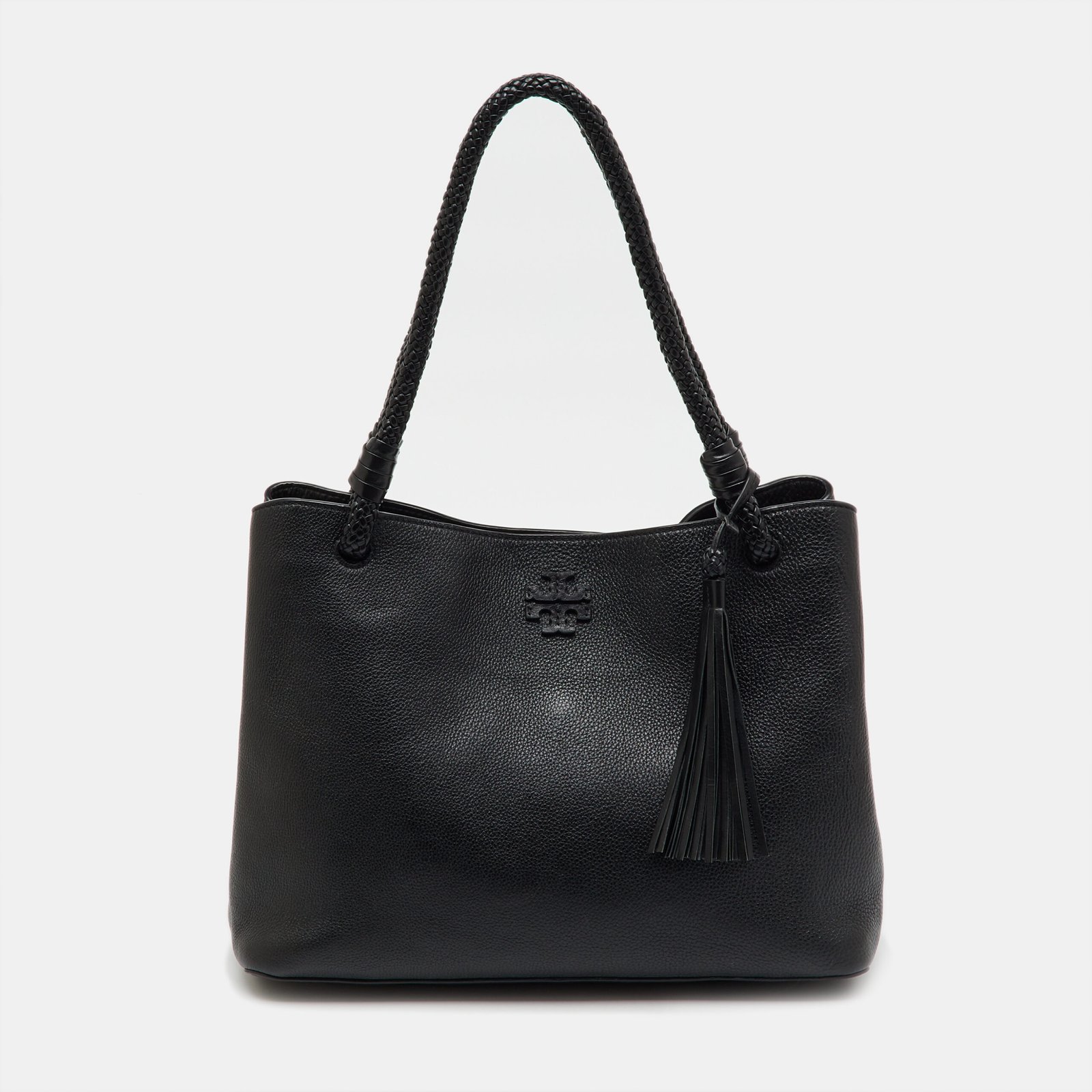 tory burch black leather taylor triple-compartment tote