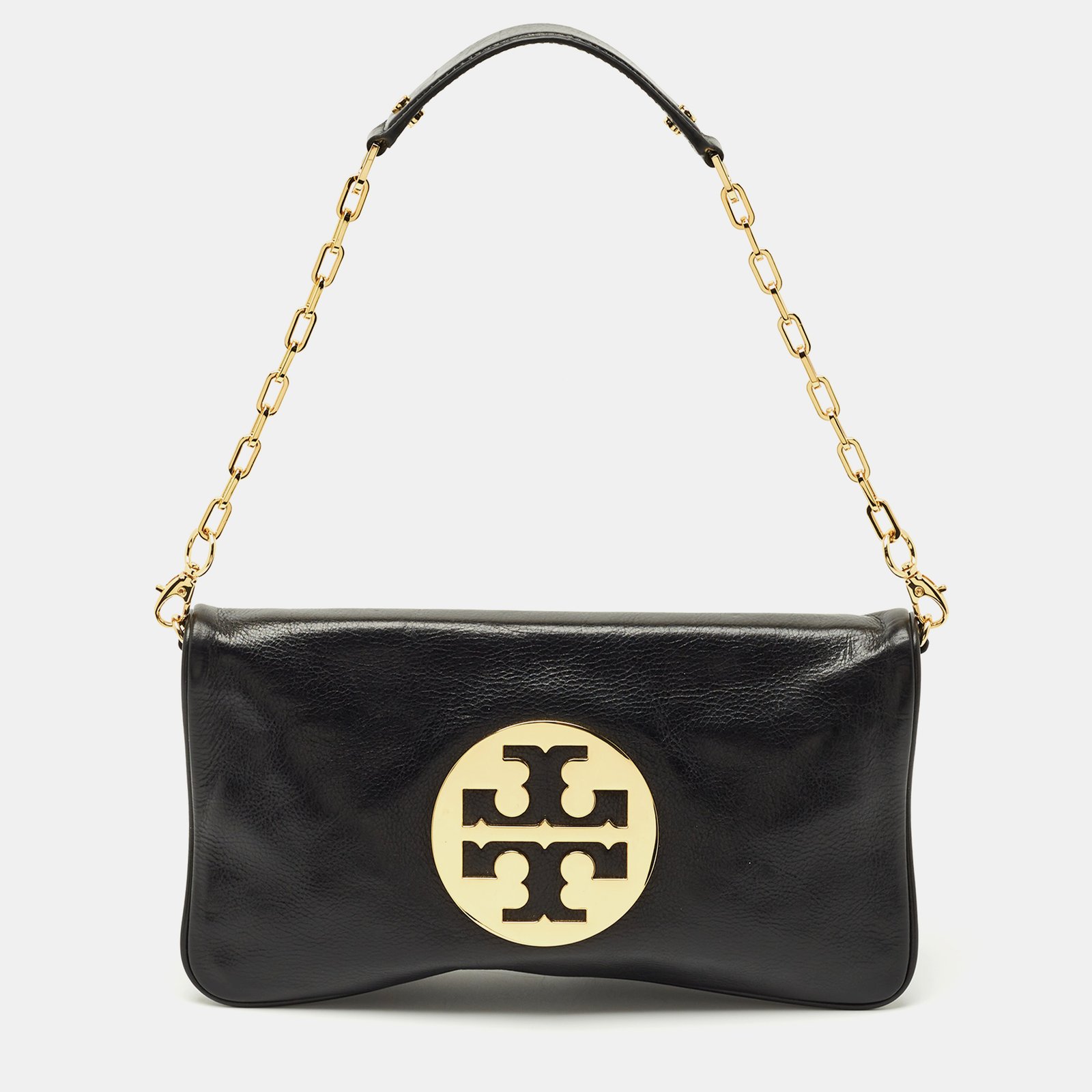 tory burch black glossy leather reva chain clutch