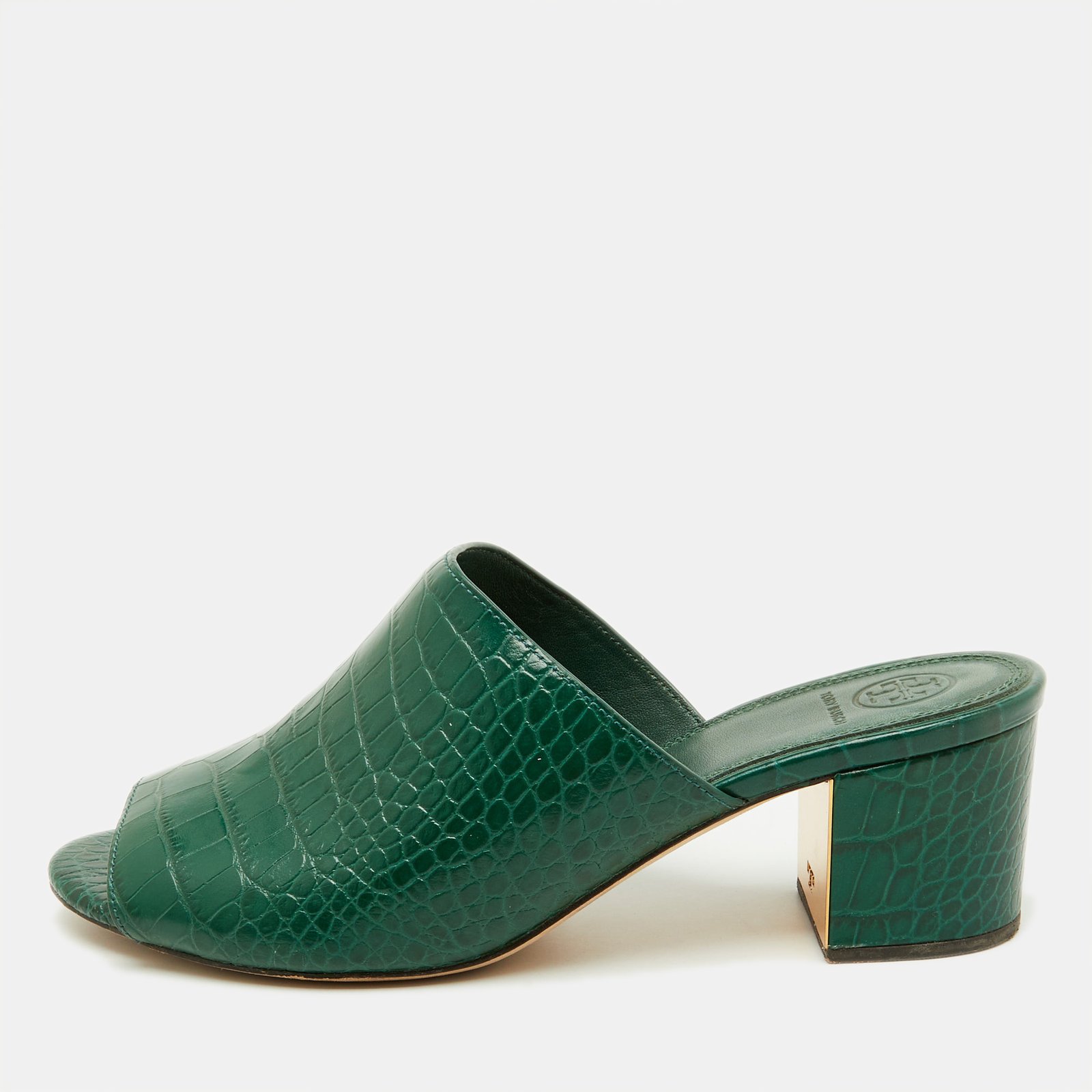tory burch green croc embossed leather martine block heel slide sandals size 39