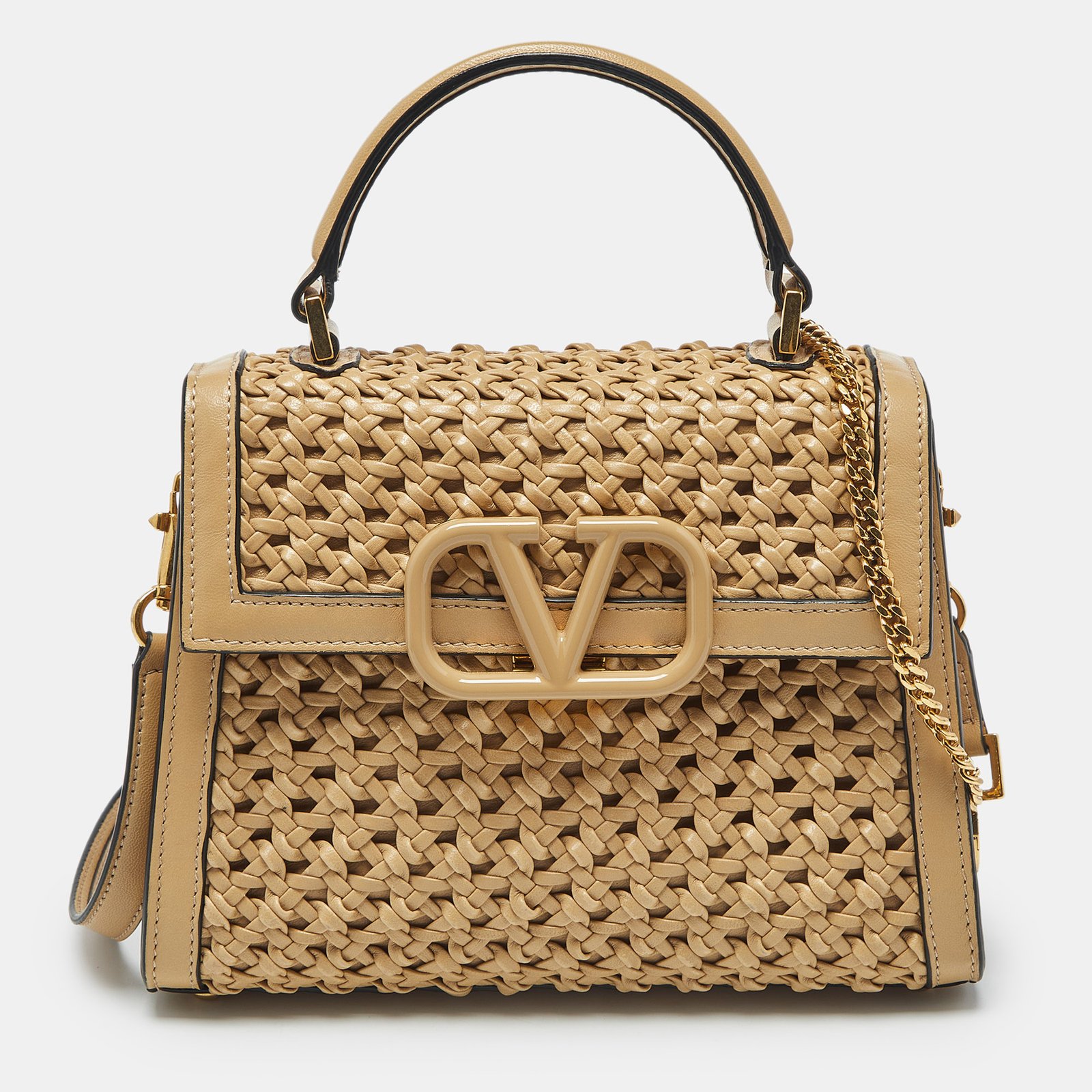 valentino beige woven leather small vsling top handle bag