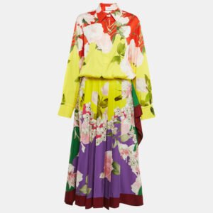 valentino multicolor floral print silk pleated maxi dress m